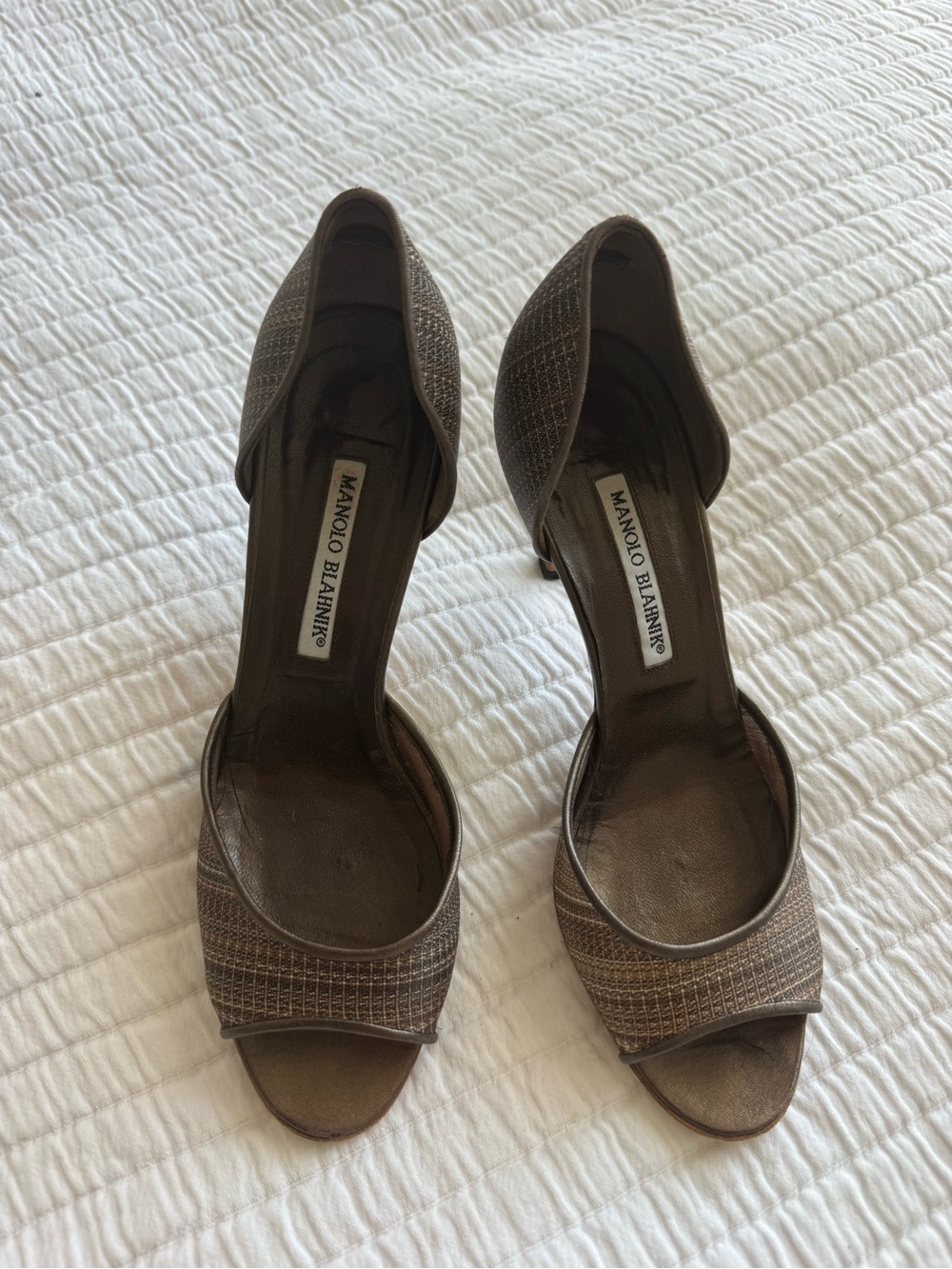Manolo Blahnik Brown Textured Open-Toe D'Orsay Heels